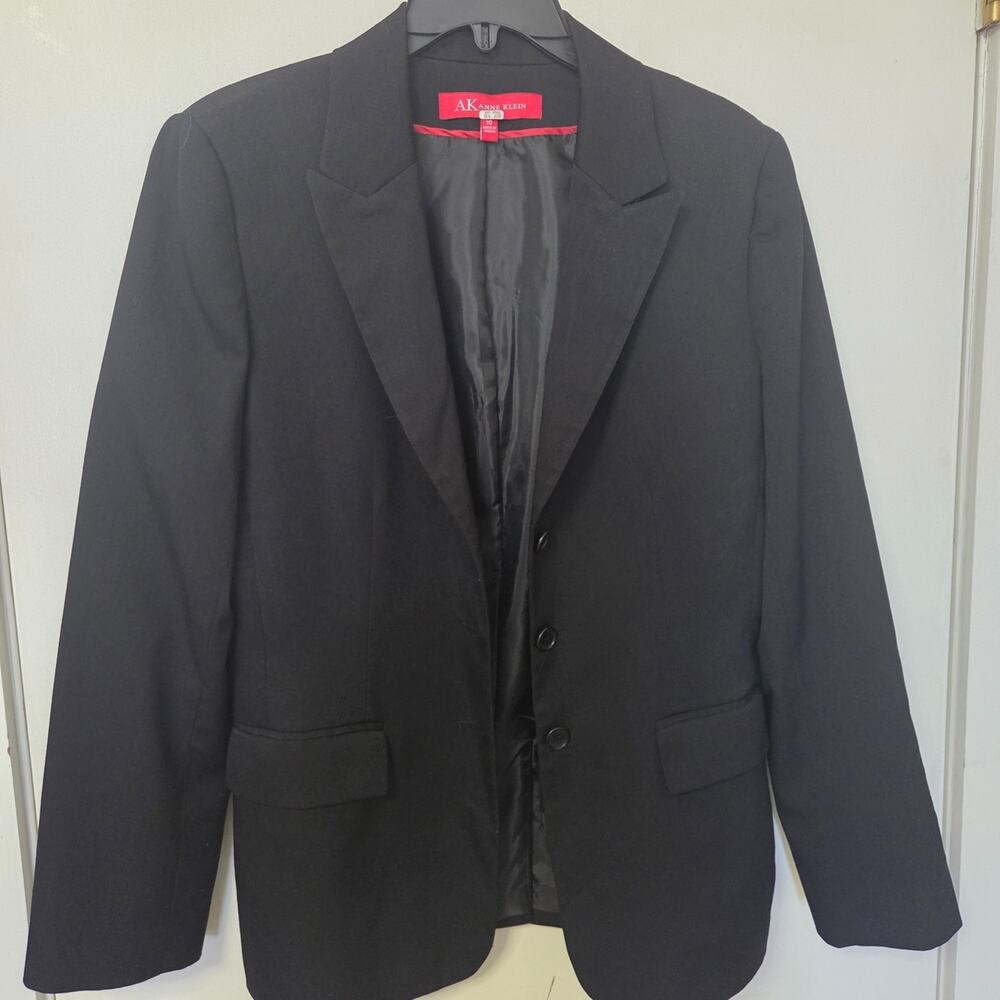 Anne Klein Womens 10 Black Blazer 3 Button Career Stretch Lined Jacket Statement